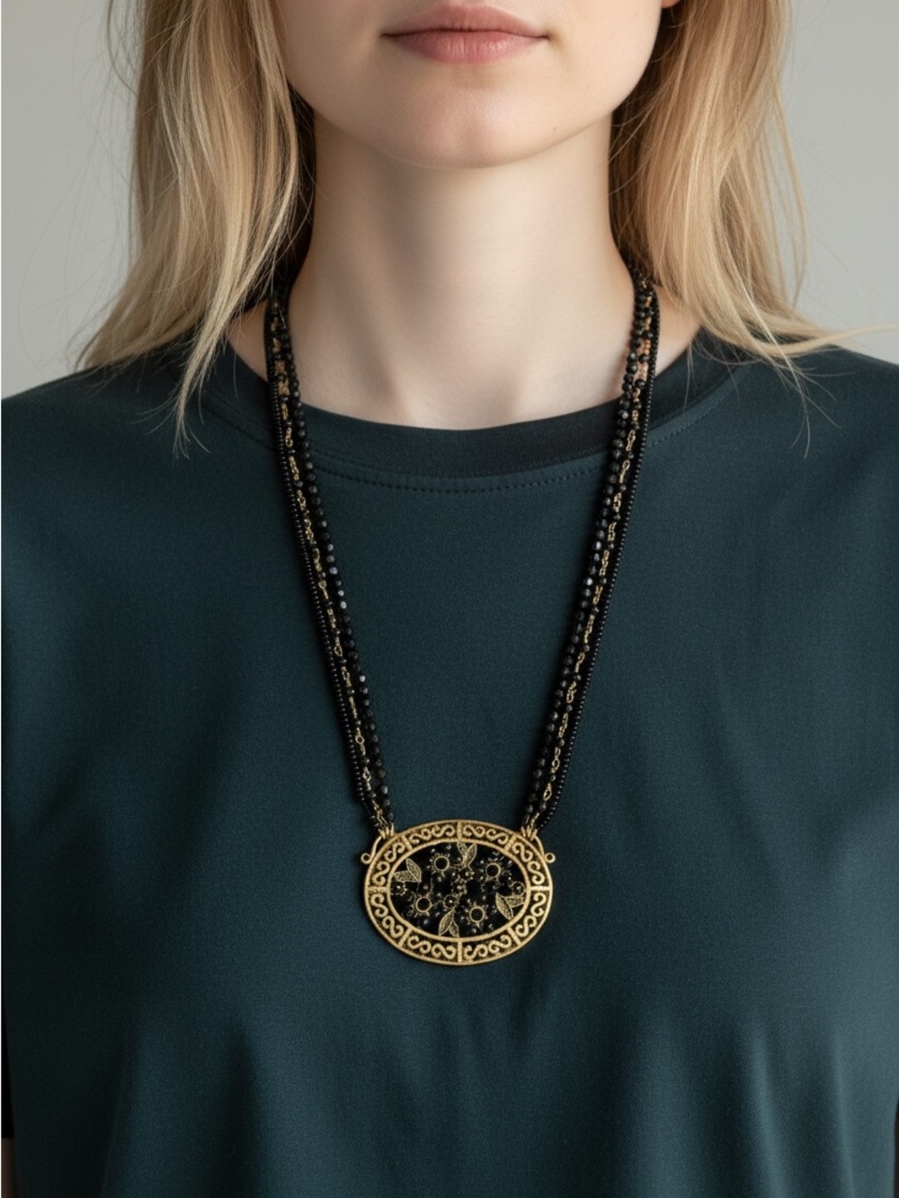 10/16 Gold and Black Filigree Pendant Necklace - Women Jewelry